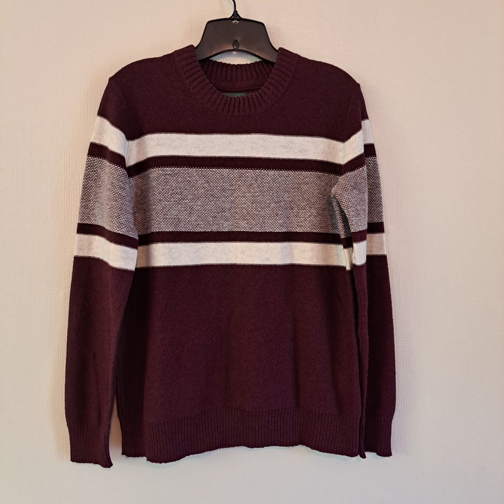 American Eagle Mens XS Burgundy Cream Striped‎ Textured Crewneck Sweater Cotton